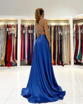Royal Blue A-line Backless Long Prom Evening Dresses